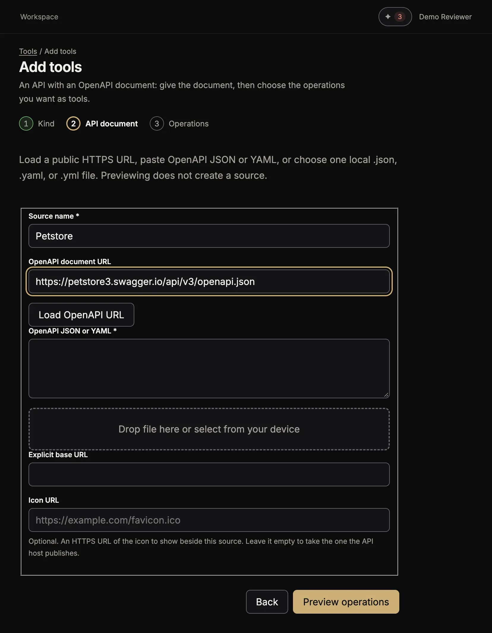 Add tools, step API document, with Source name Petstore, the OpenAPI document URL, the button Load OpenAPI URL, the box OpenAPI JSON or YAML, the file box, Explicit base URL and the button Preview operations