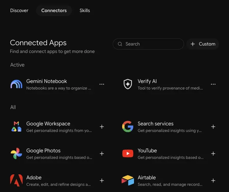 The Connectors tab of Gemini’s Customize page, with the list Connected Apps and the button + Custom at the top right