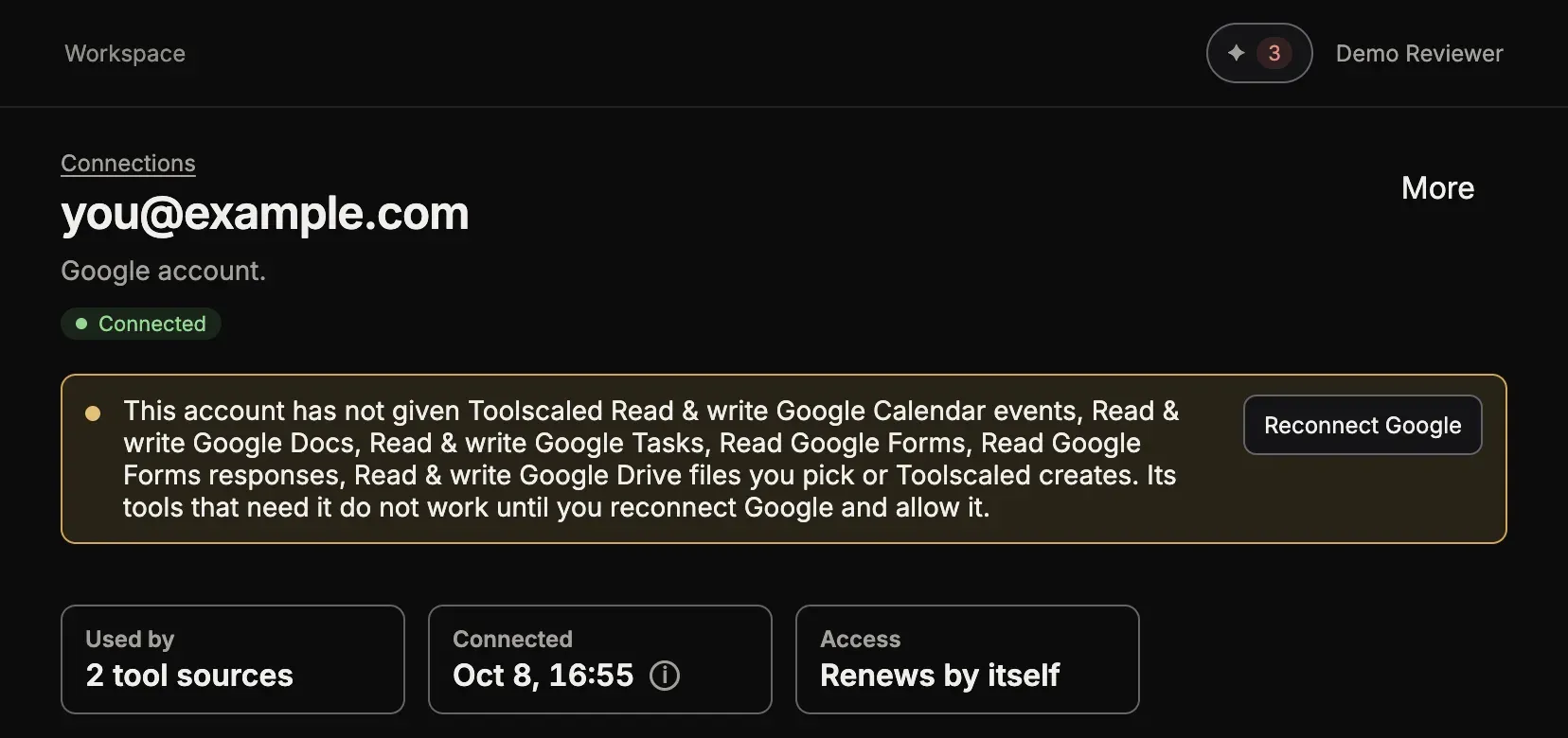 The page of a Google account, you@example.com, Connected, with the menu More at the top right