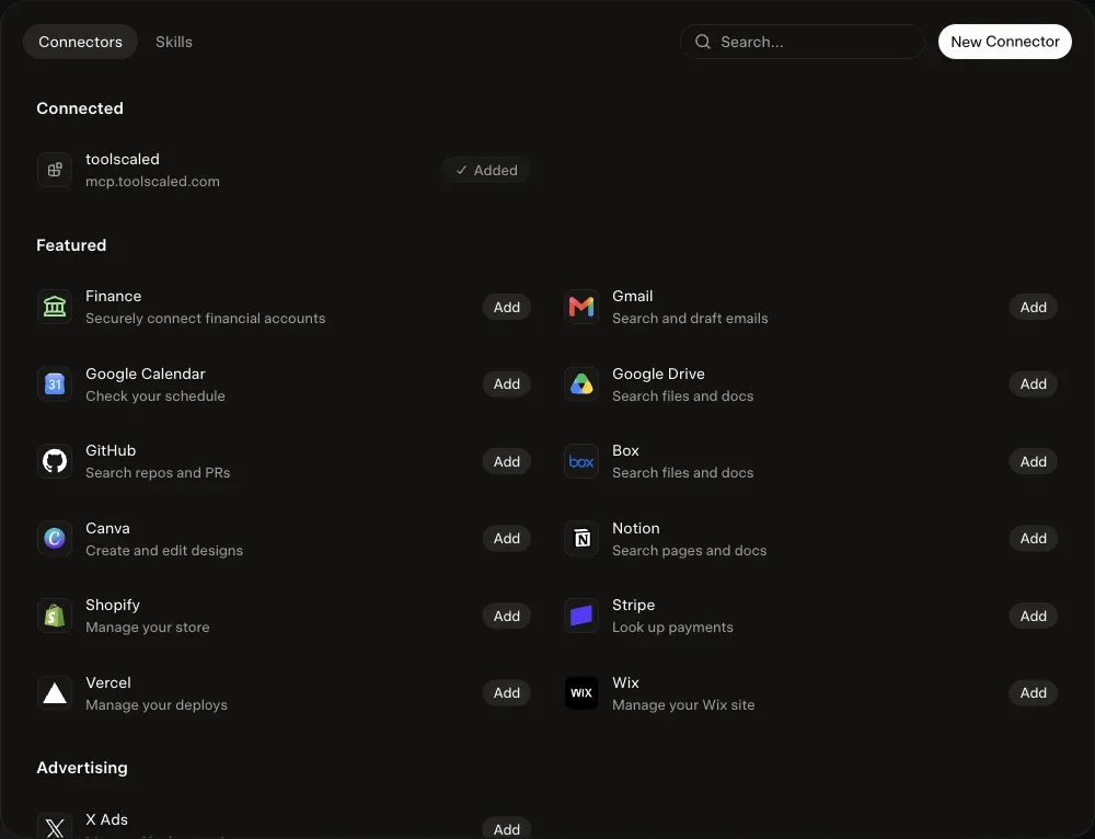 The Connectors tab of Grok with the button New Connector at the top right