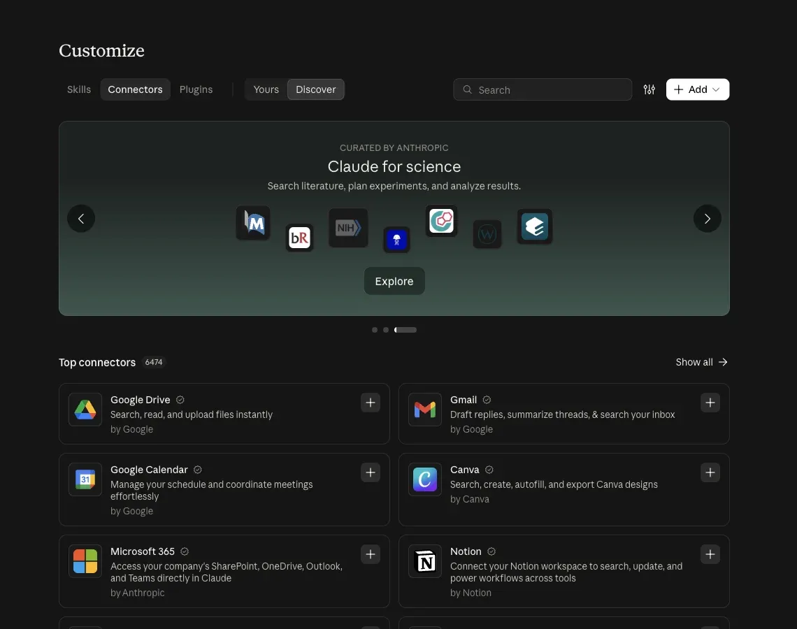 The Customize page of Claude on the tab Connectors, with the button Add at the top right