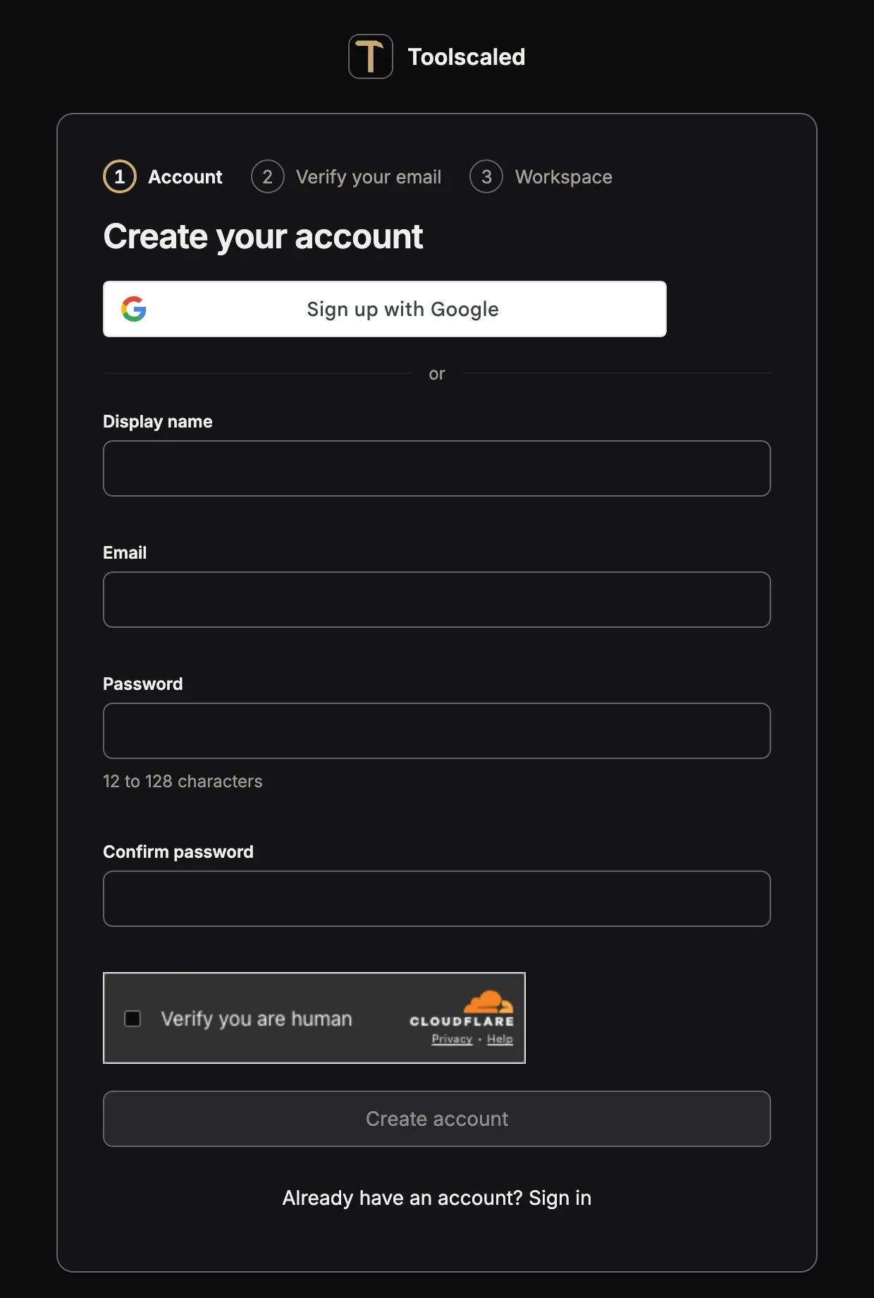 The card Create your account, with the button Sign up with Google, the fields Display name, Email, Password and Confirm password, and the button Create account
