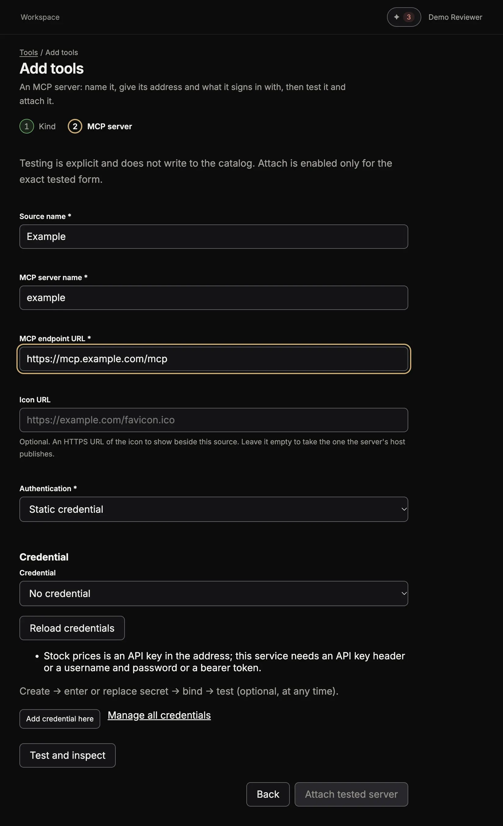 The MCP server form with Authentication Static credential and the section Credential below it