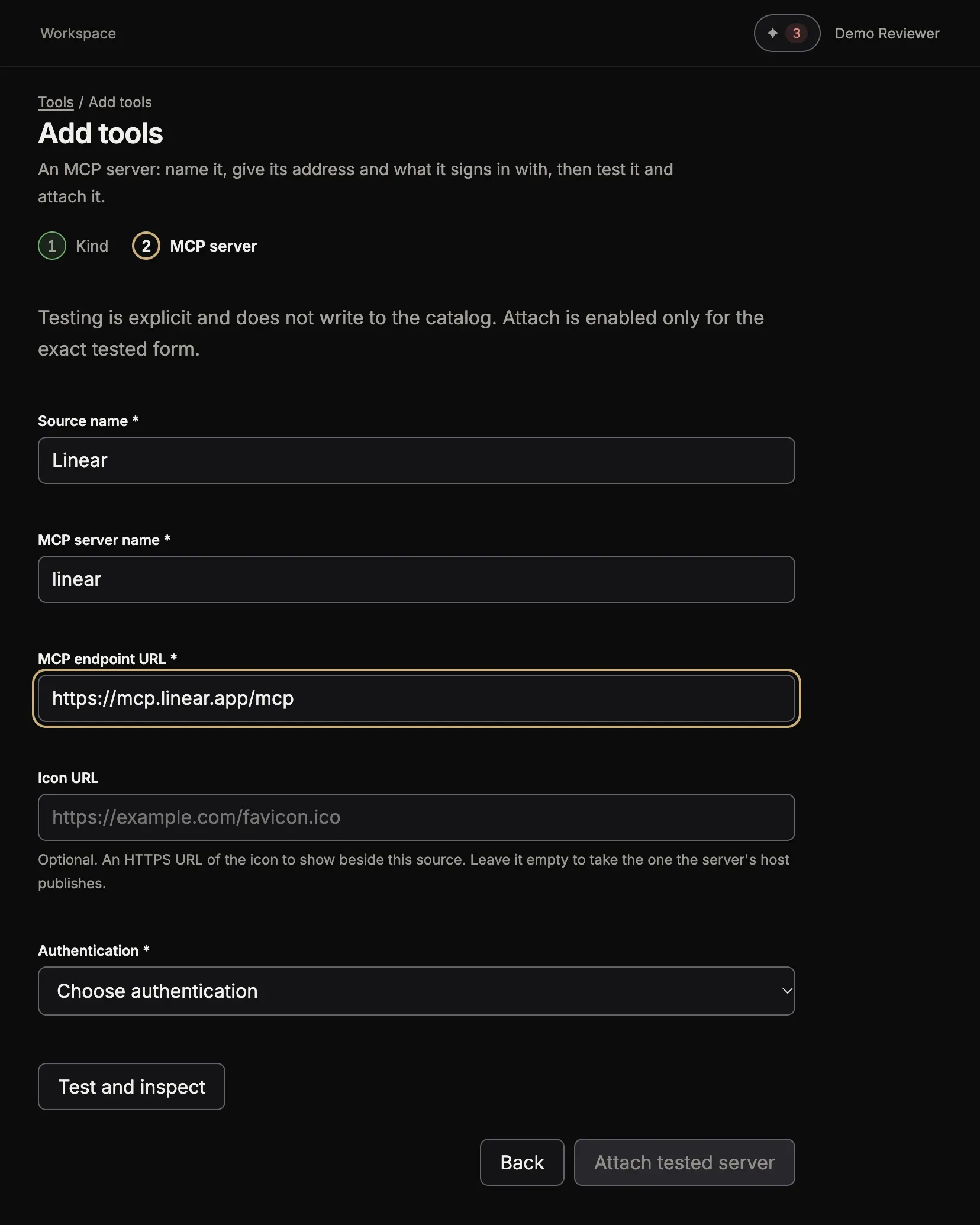 The MCP server form with Source name Linear, MCP server name linear and MCP endpoint URL https://mcp.linear.app/mcp