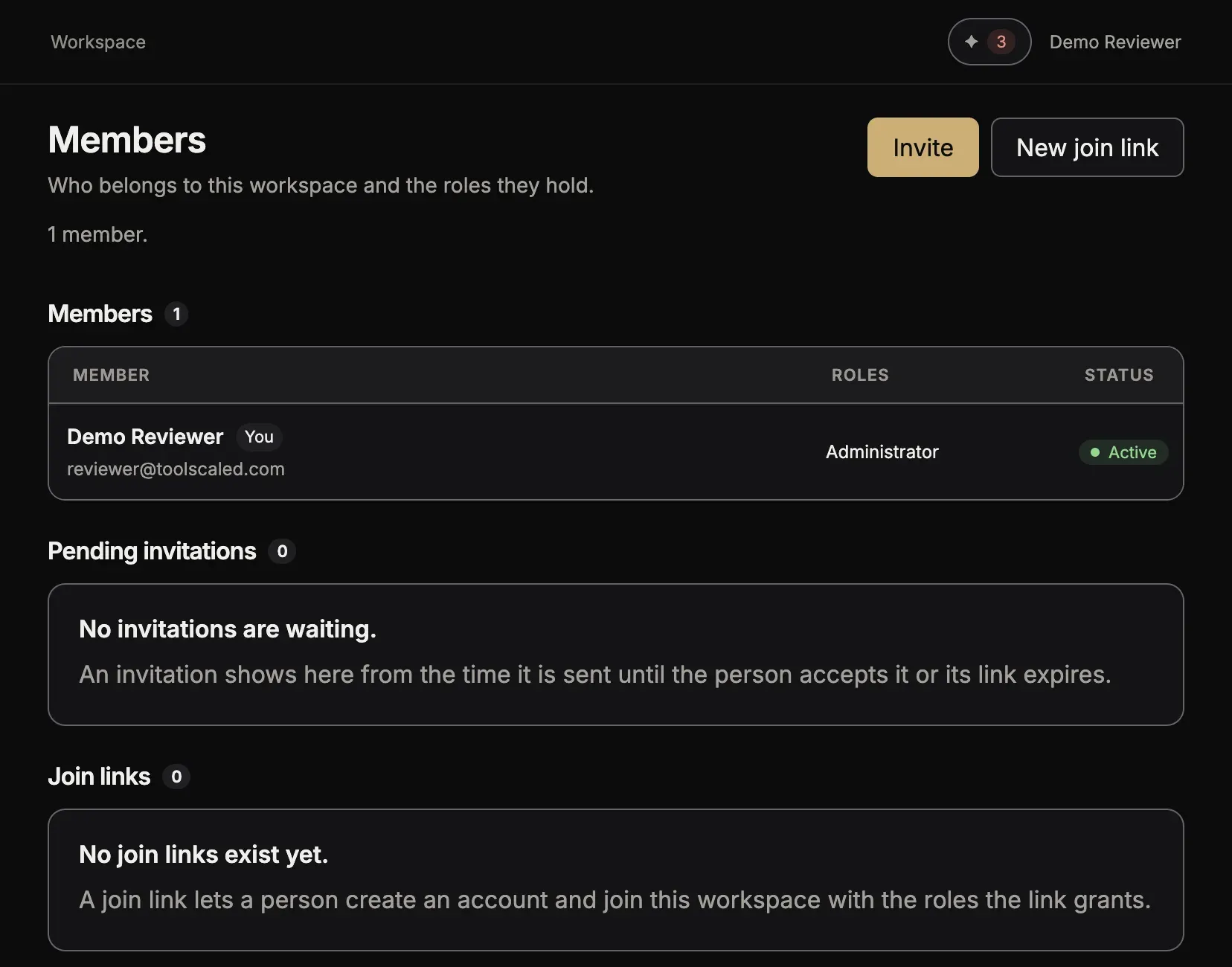 The page Members with the buttons Invite and New join link, and the lists Members, Pending invitations and Join links