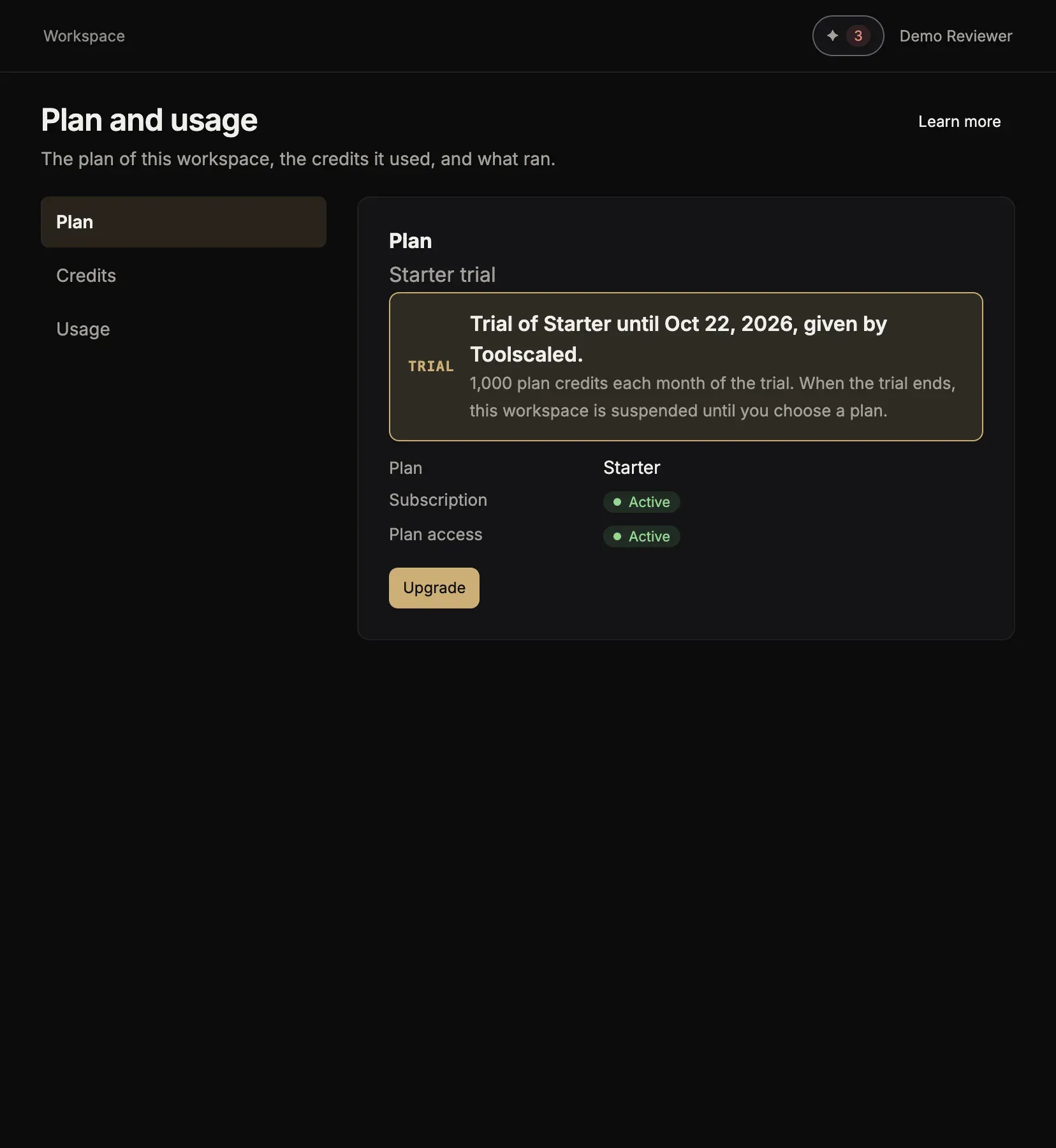 Plan and usage, section Plan: the plan of the workspace and its credits each month