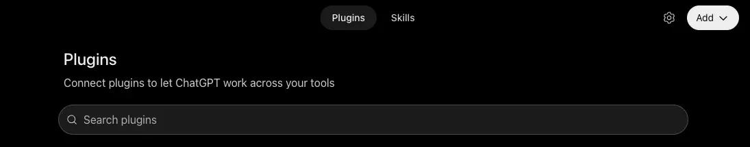 The Plugins page of ChatGPT with the button Add at the top right