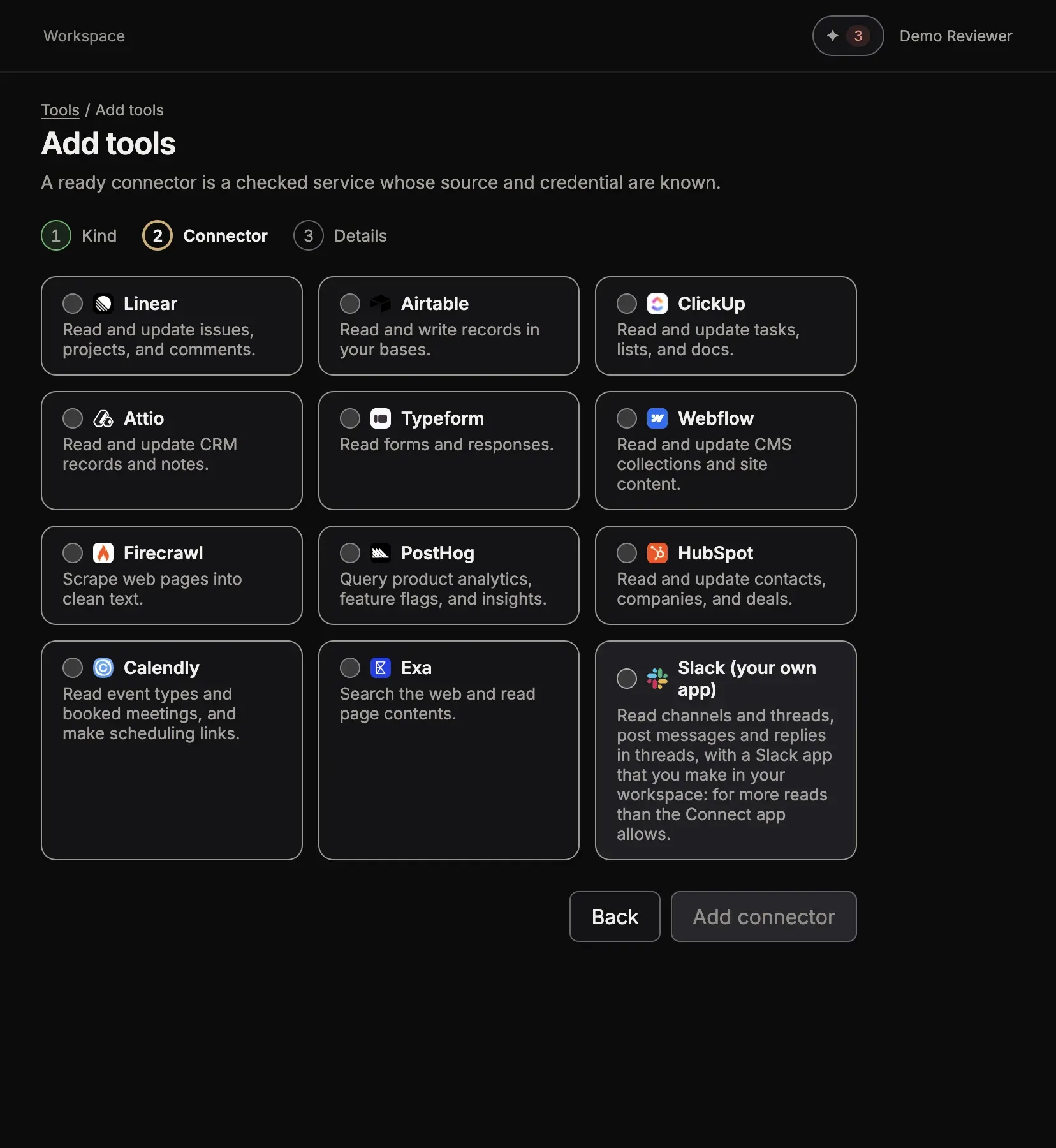 Add tools, step Connector: the cards of the ready connectors, such as Linear, Airtable, ClickUp, HubSpot and Calendly, each with a line about it