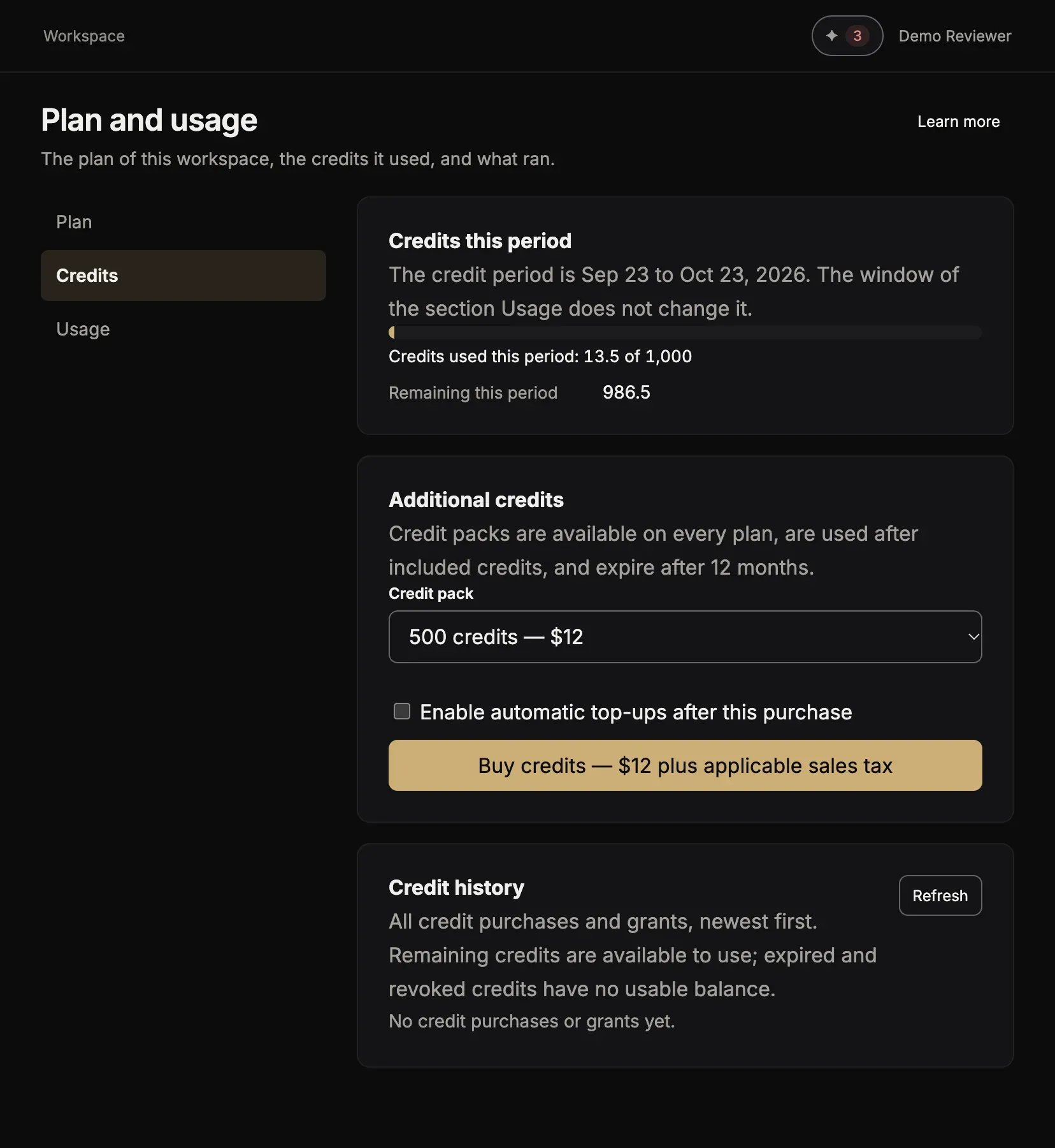 Plan and usage, section Credits: the card Credits this period with the credits used and remaining, the card Additional credits with a credit pack, and Credit history
