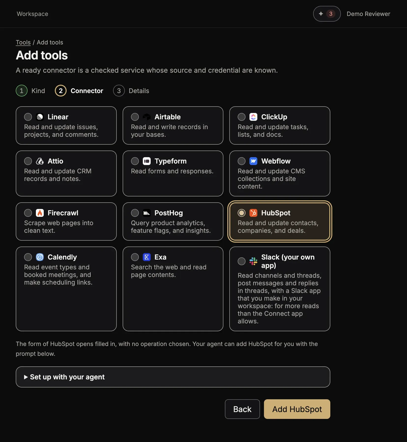 The card HubSpot selected, with Set up with your agent below the cards and the button Add HubSpot