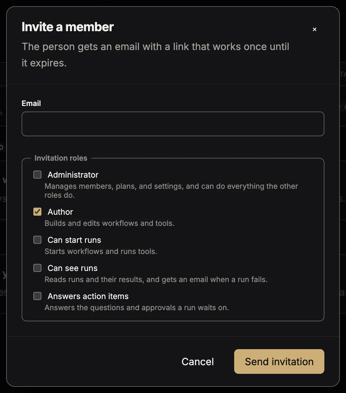 The dialog Invite a member: the field Email, the five Invitation roles, and the button Send invitation
