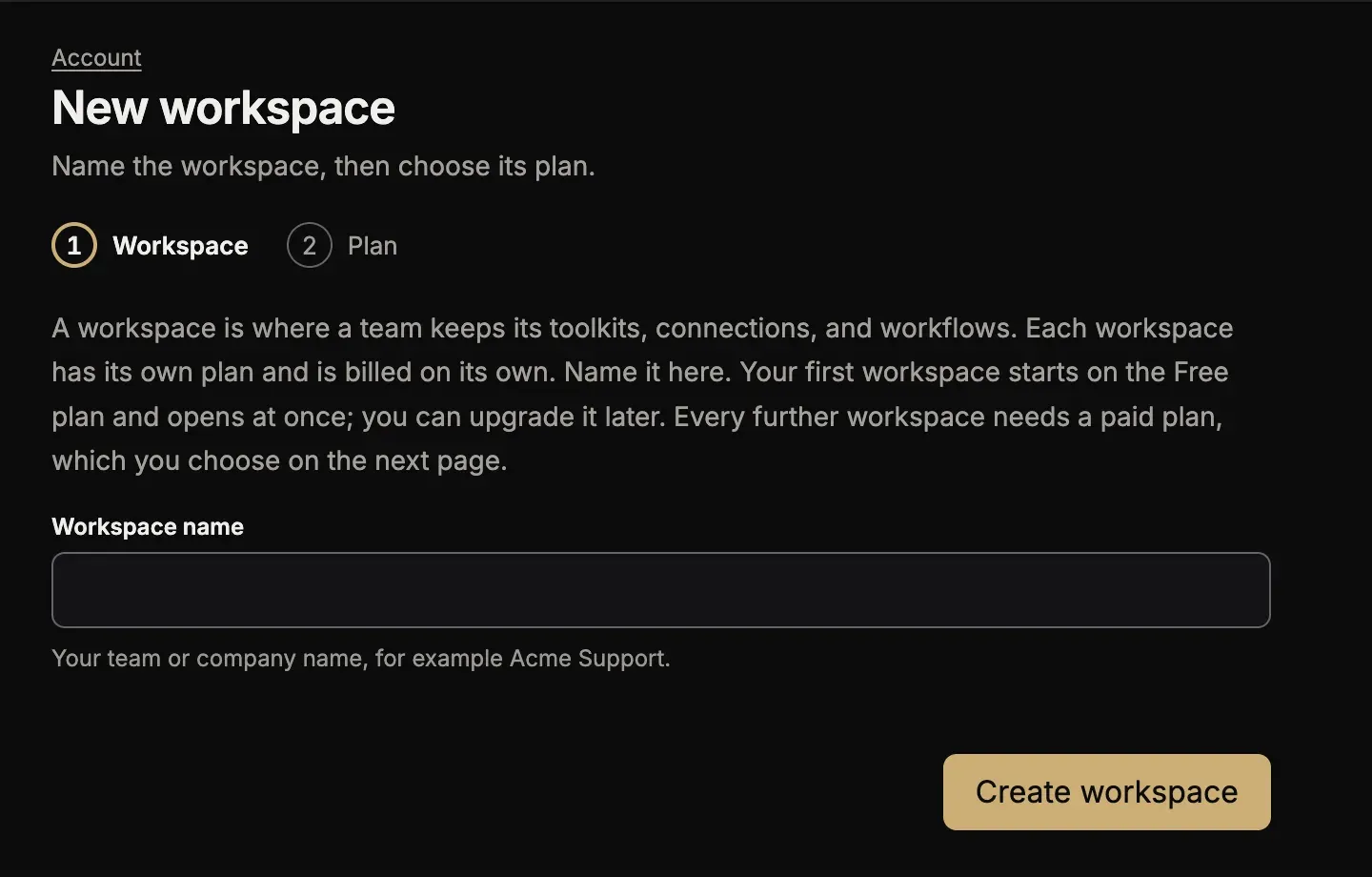The page New workspace, step Workspace of Workspace and Plan, with the field Workspace name and the button Create workspace