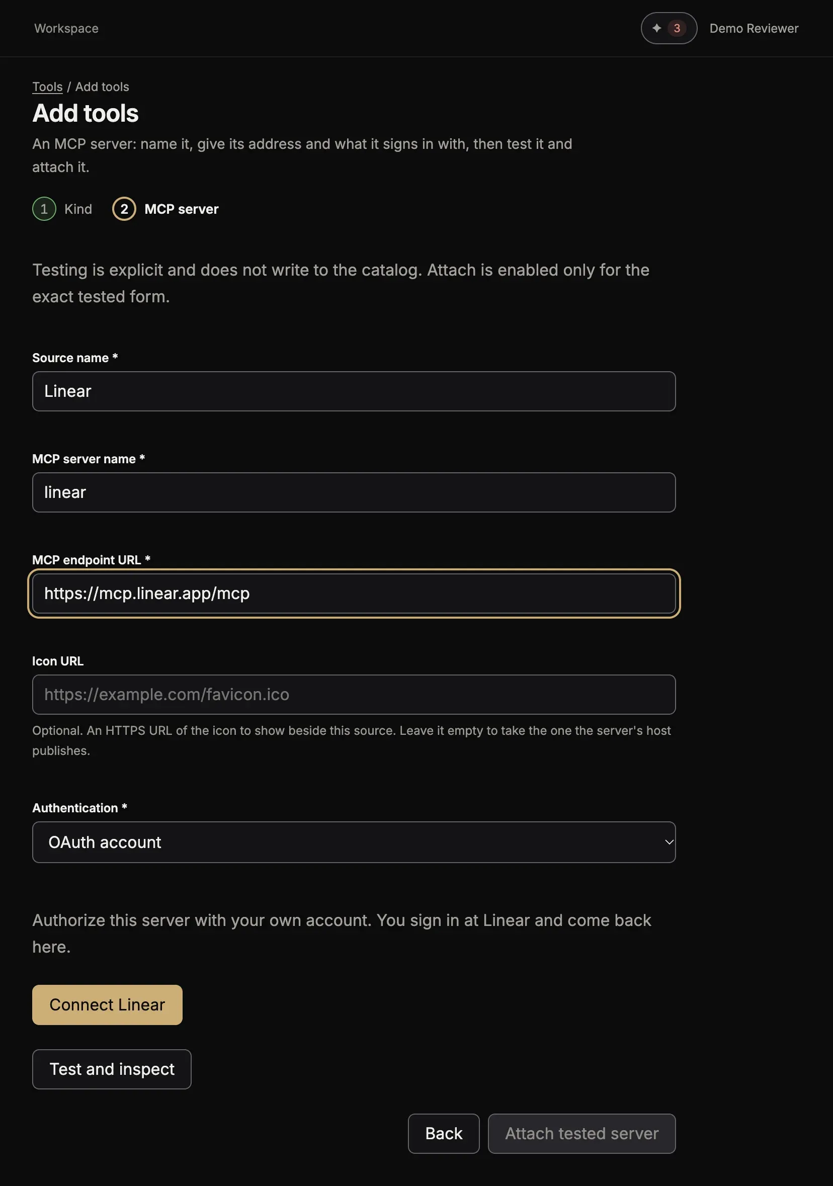 The same form with Authentication OAuth account, the line Authorize this server with your own account, and the button Connect Linear