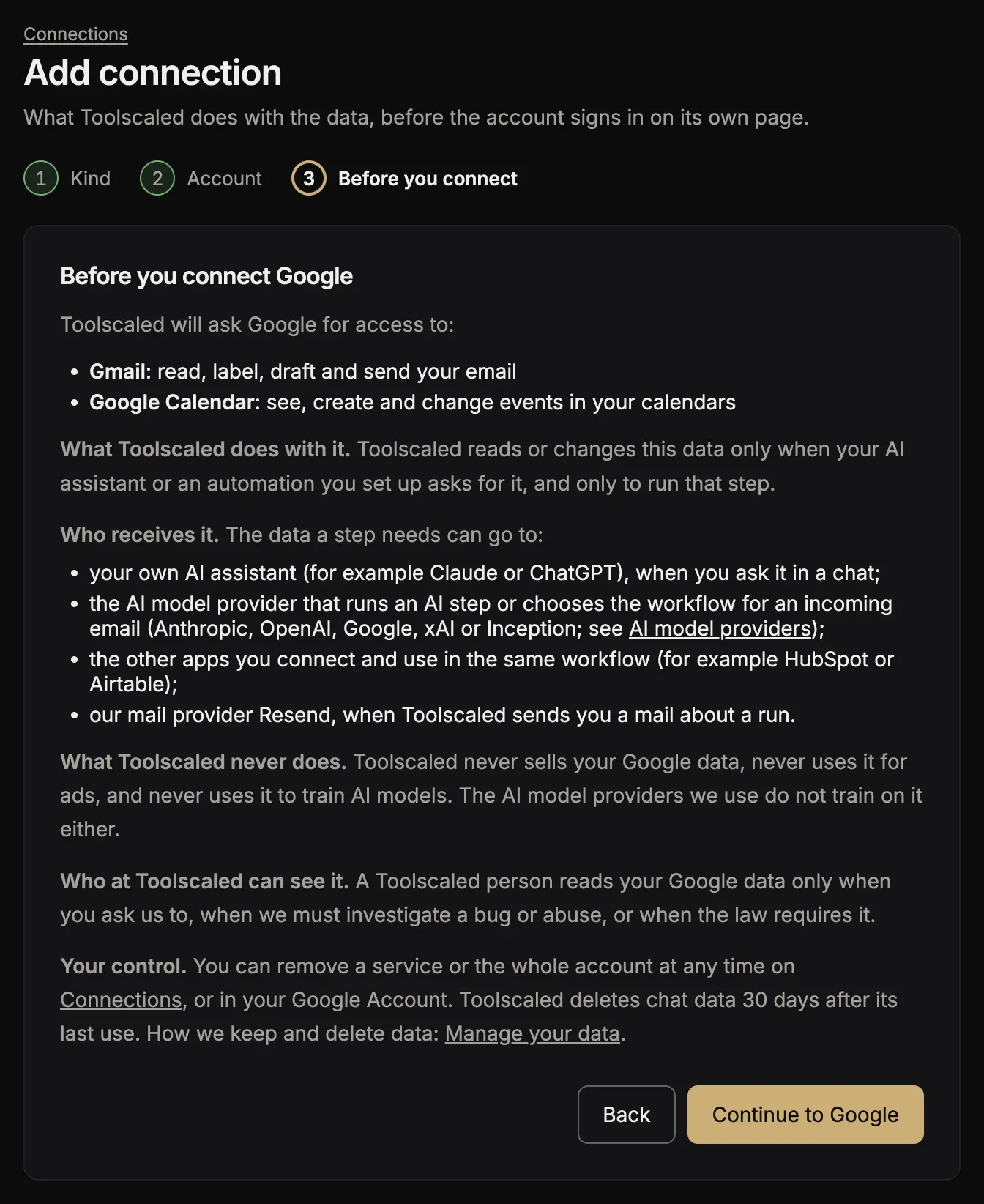 Add connection, step Before you connect, with the panel Before you connect Google for Gmail and Google Calendar, and the buttons Back and Continue to Google