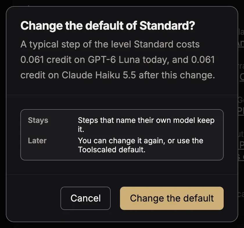 The dialog Change the default of Standard?: the cost of a typical step today and after the change, and the buttons Cancel and Change the default
