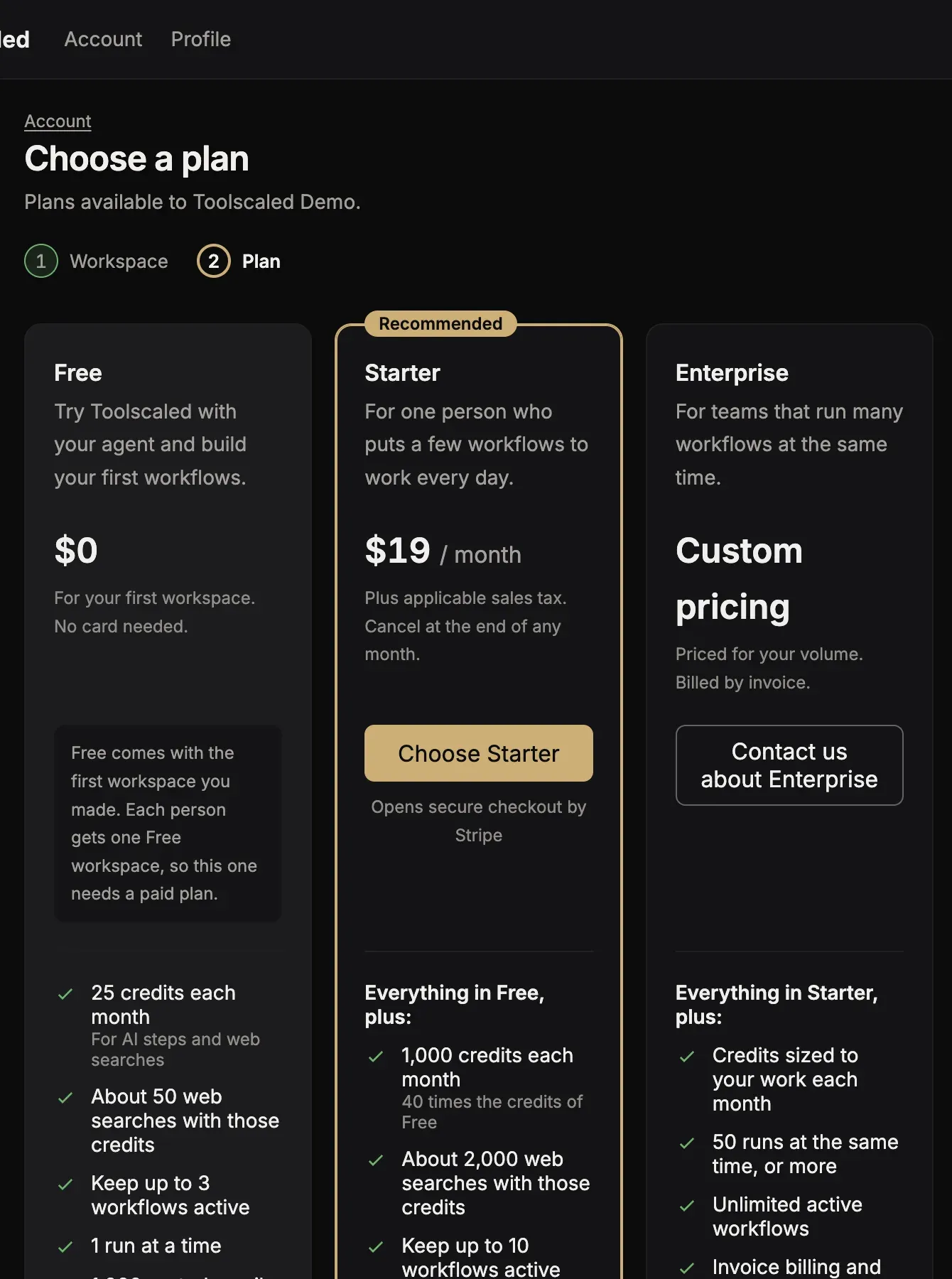 The page Choose a plan with the cards Free, Starter and Enterprise, their prices, and the buttons Choose Starter and Contact us about Enterprise