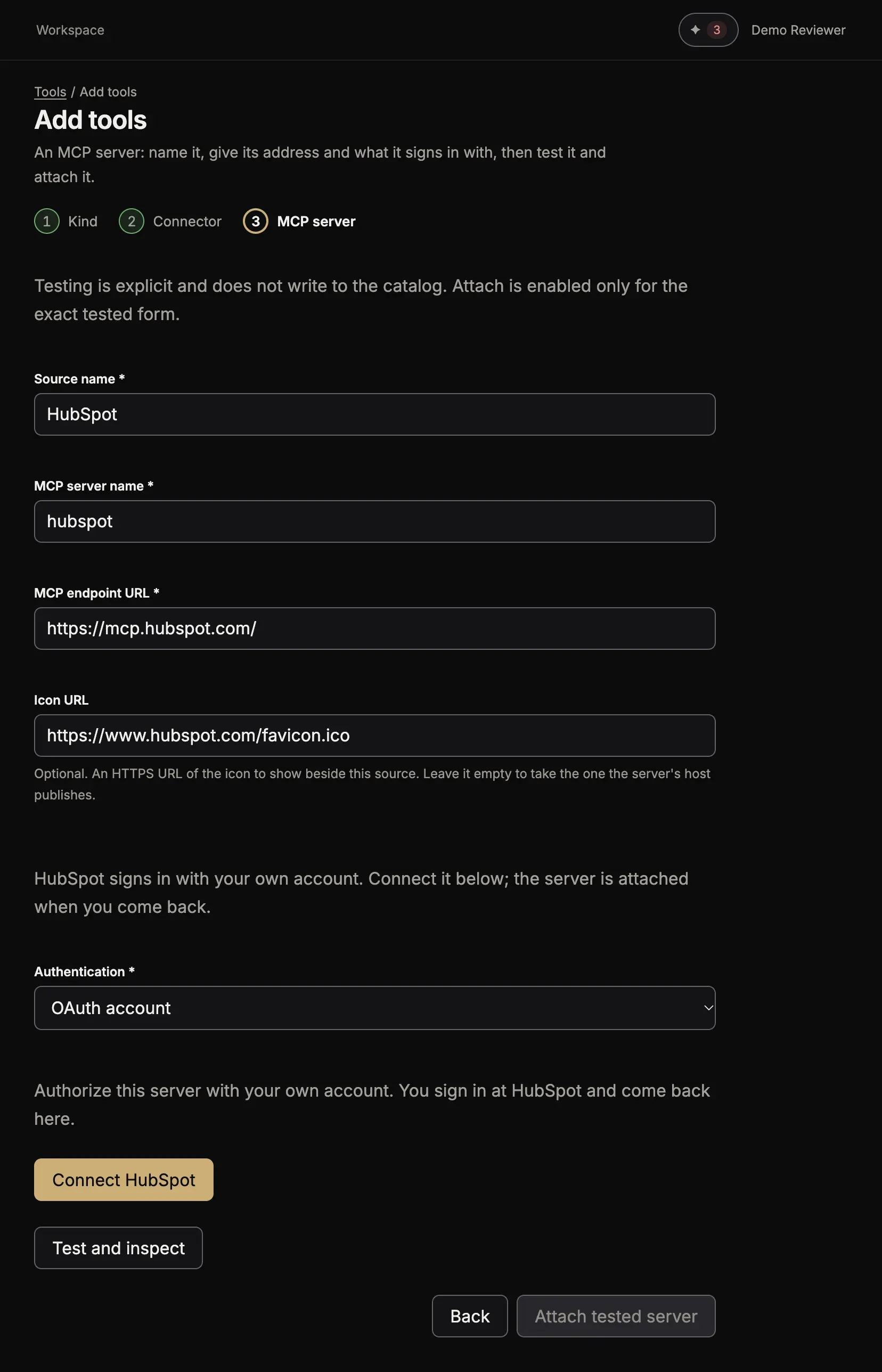 The MCP server form of HubSpot, filled in, with Authentication OAuth account and the button Connect HubSpot
