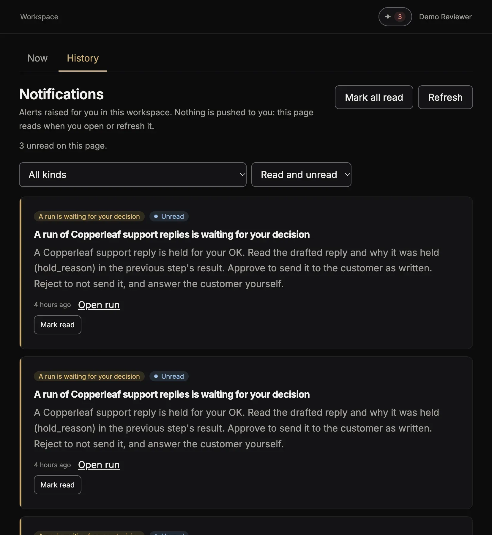 The tab History: Notifications, with A run of Copperleaf support replies is waiting for your decision, Open run and Mark read