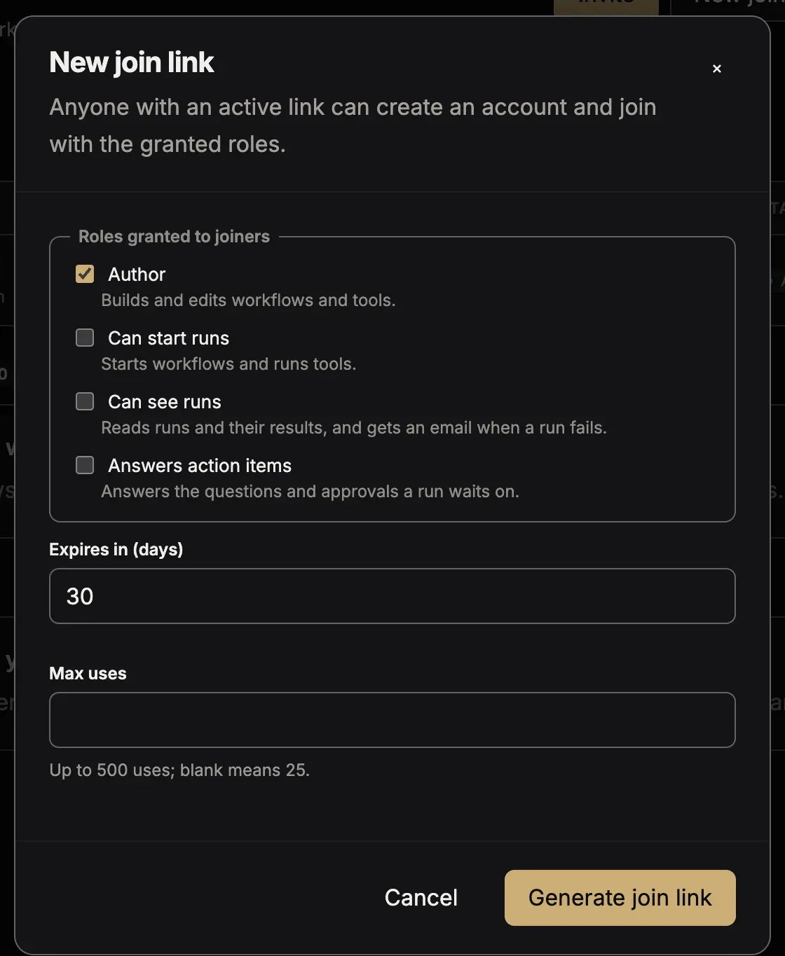 The dialog New join link: Roles granted to joiners, Expires in (days), Max uses, and the button Generate join link