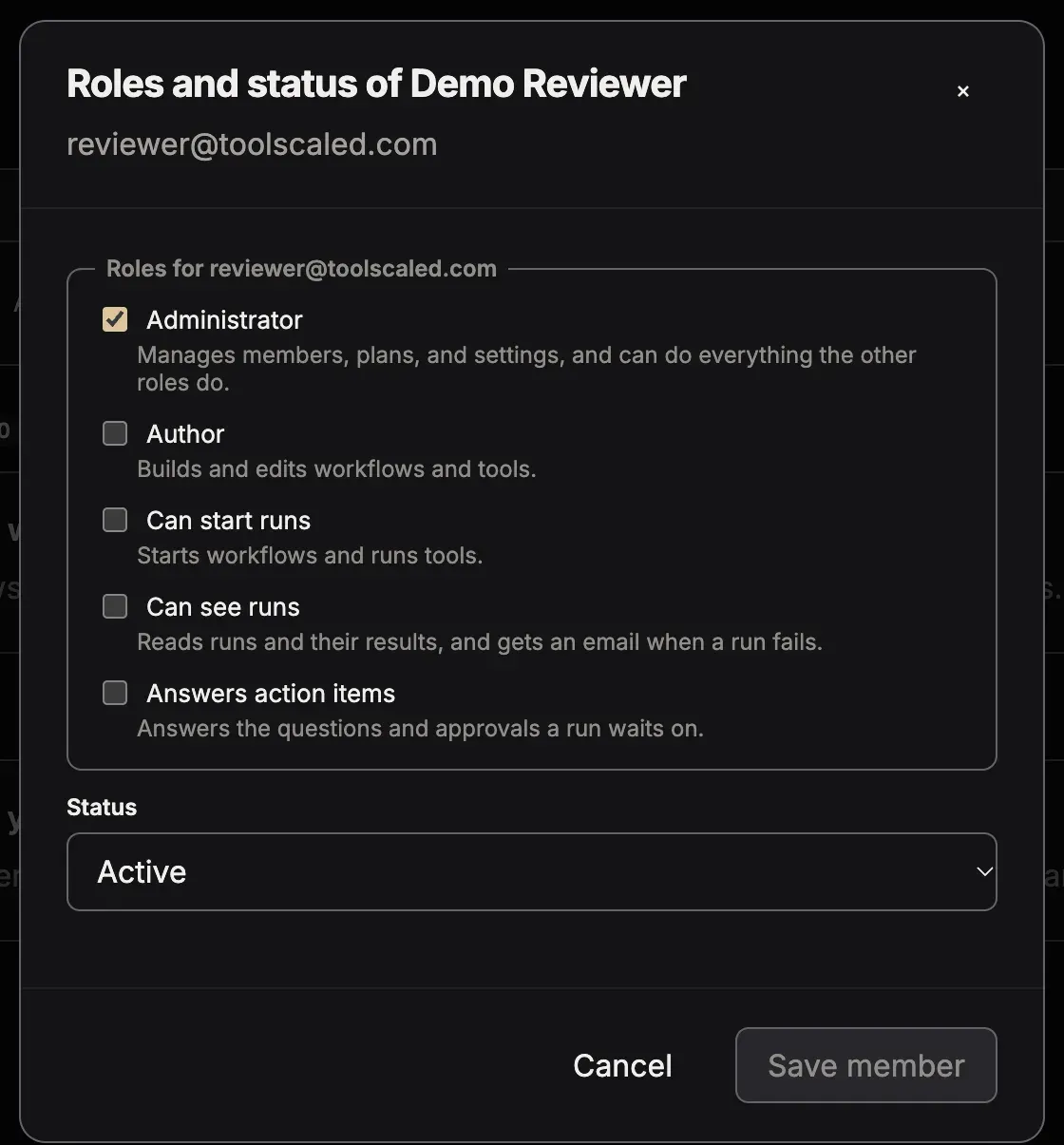 The dialog Roles and status of a member: the roles, Status, and the button Save member