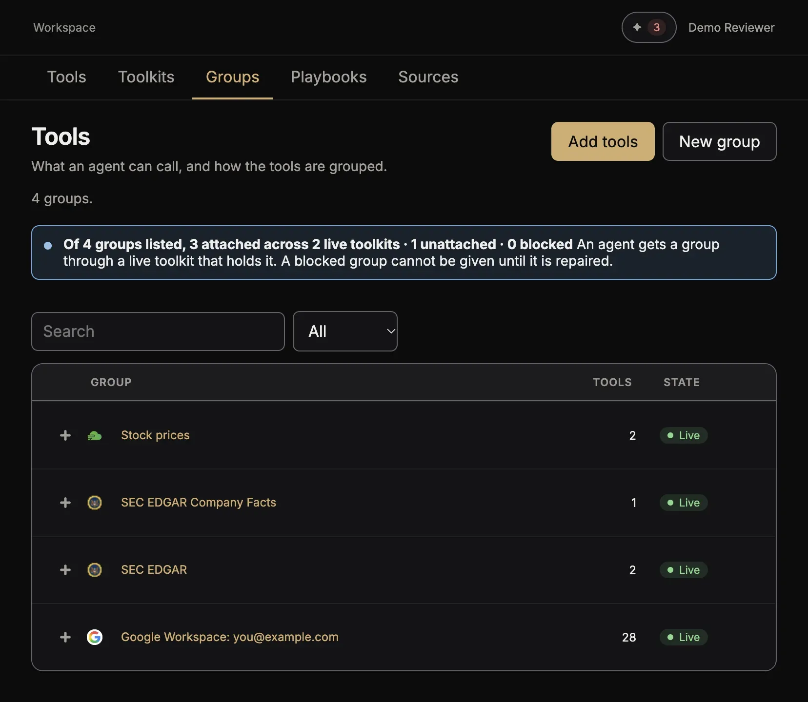 Tools, tab Groups, with the group Google Workspace: you@example.com and its 28 tools, Live